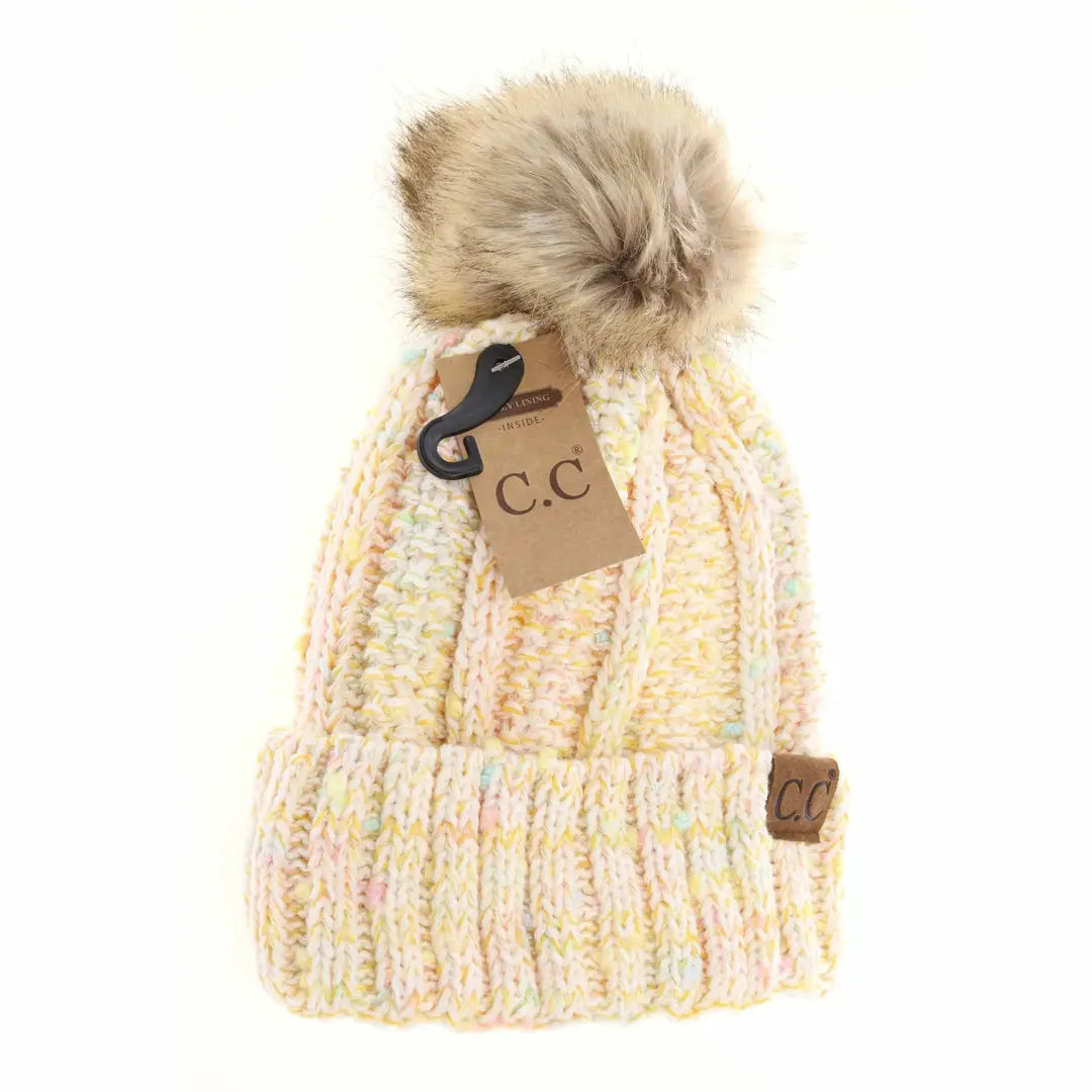 Fuzzy Lined Confetti Pom Beanie - Ivory