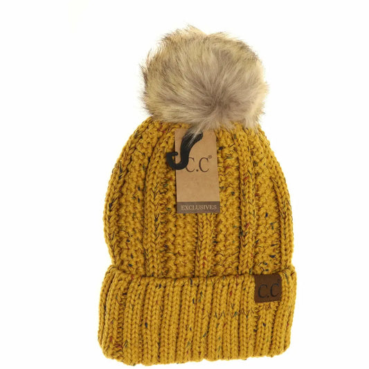 Fuzzy Lined Confetti Pom Beanie - Mustard