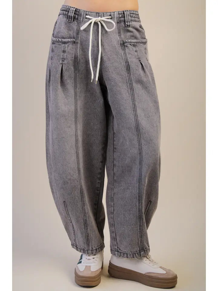 Washed Denim Barrel Pants - Gray