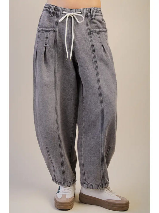Washed Denim Barrel Pants - Gray