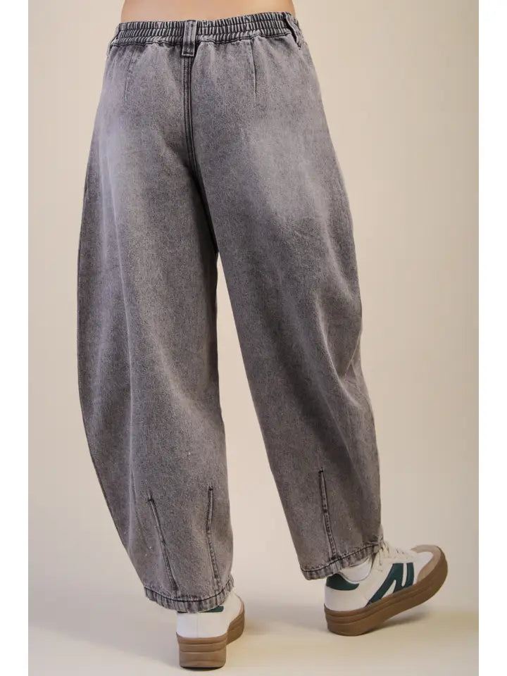 Washed Denim Barrel Pants - Gray