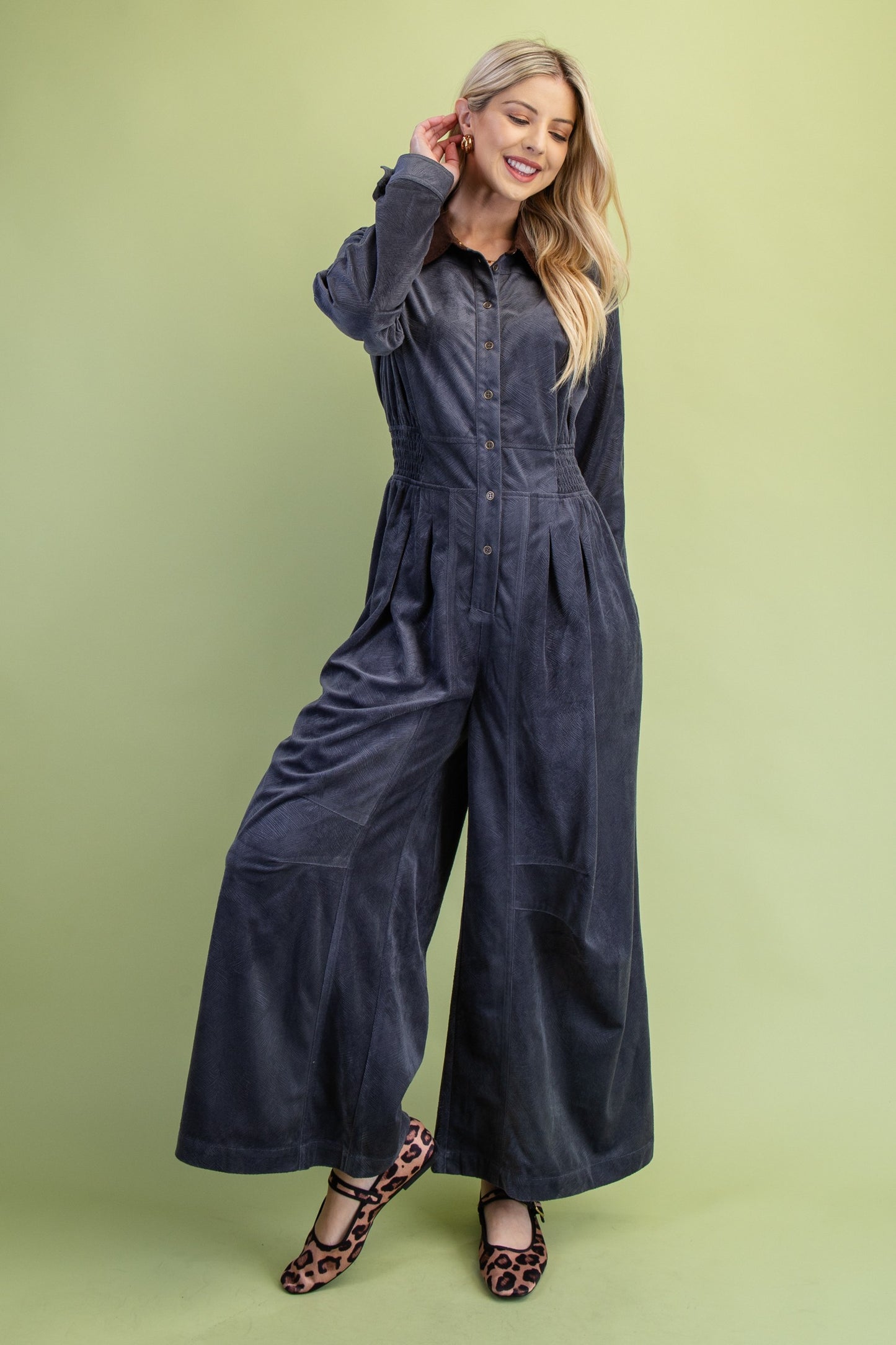 Textured Velveteen Jumpsuit - Cool Gray