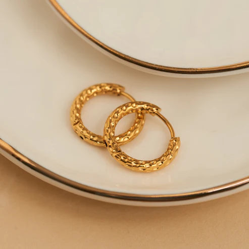 Waterproof Jewelry - Hammered Huggie Hoops - Gold