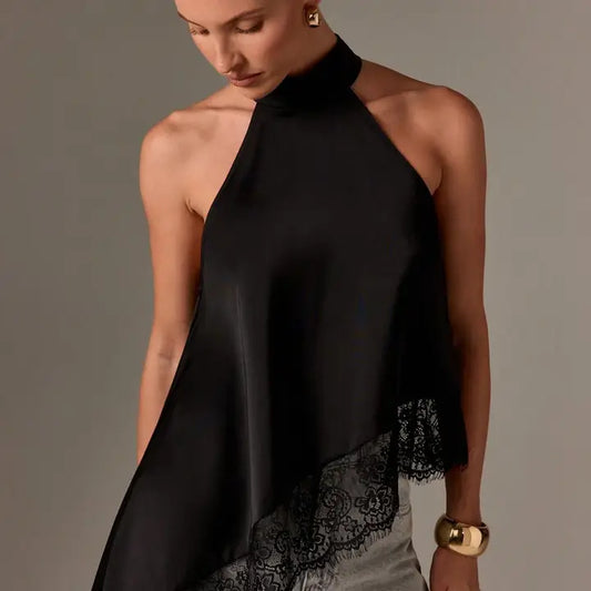 satin lace trim asymmetrical top - black