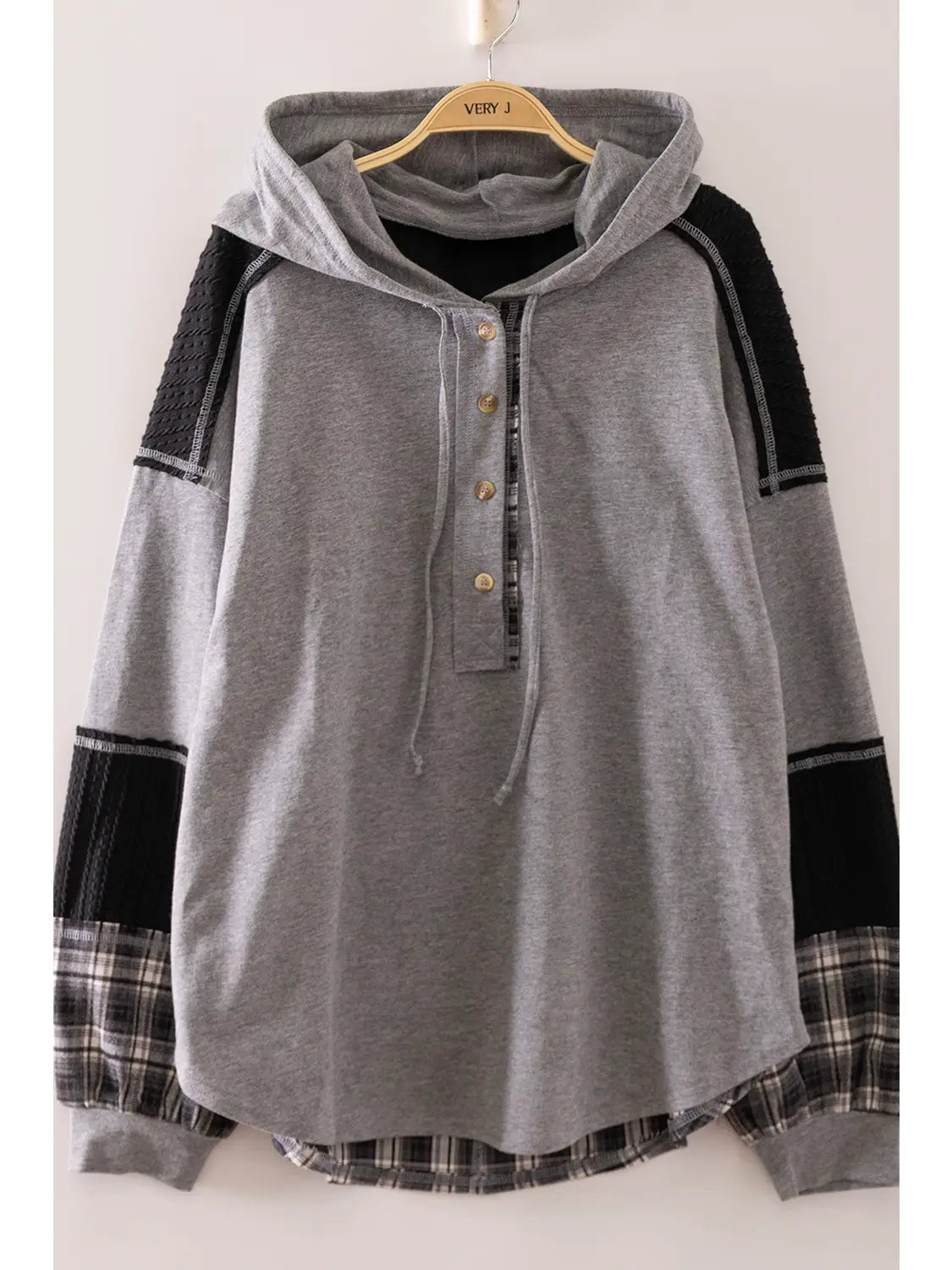 Plaid Contrast Hoodie Pullover - Gray