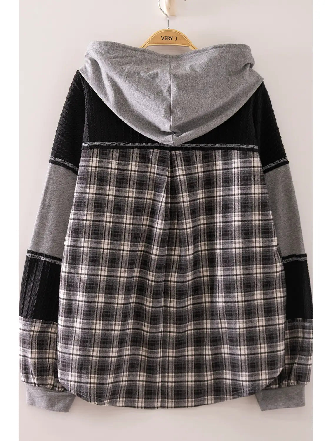 Plaid Contrast Hoodie Pullover - Gray