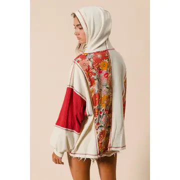 knit and print mixed hoodie top