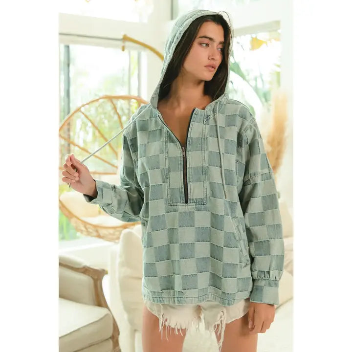 washed checker denim half zip hoodie