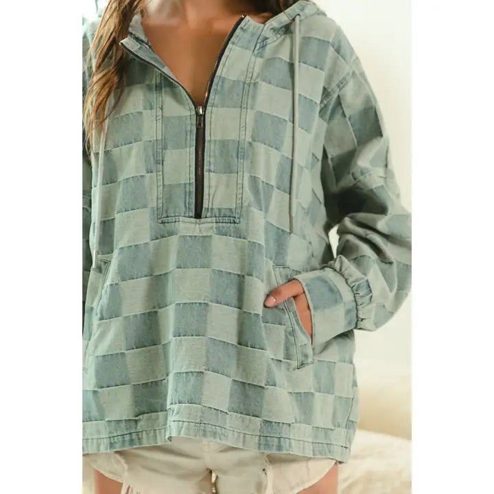 washed checker denim half zip hoodie