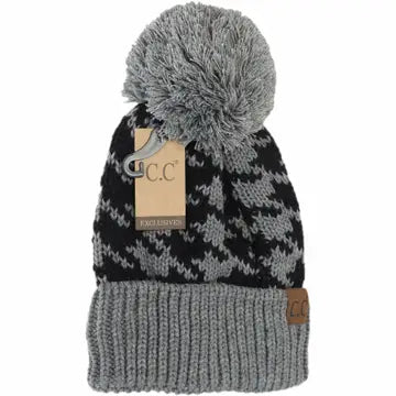 Houndstooth Pom Beanie - Gray/Black