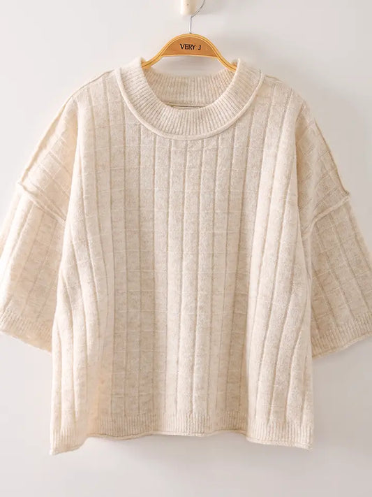 Cropped Ribbed Knit Sweater - Ivory