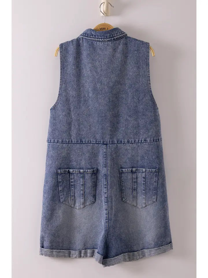 Washed Denim Button-Down Romper