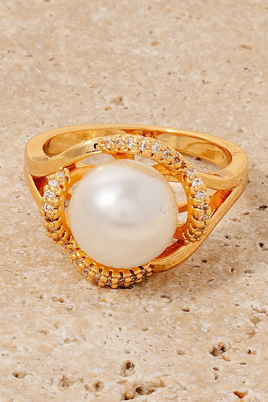 Intricate Rhinestone Pearl Ring