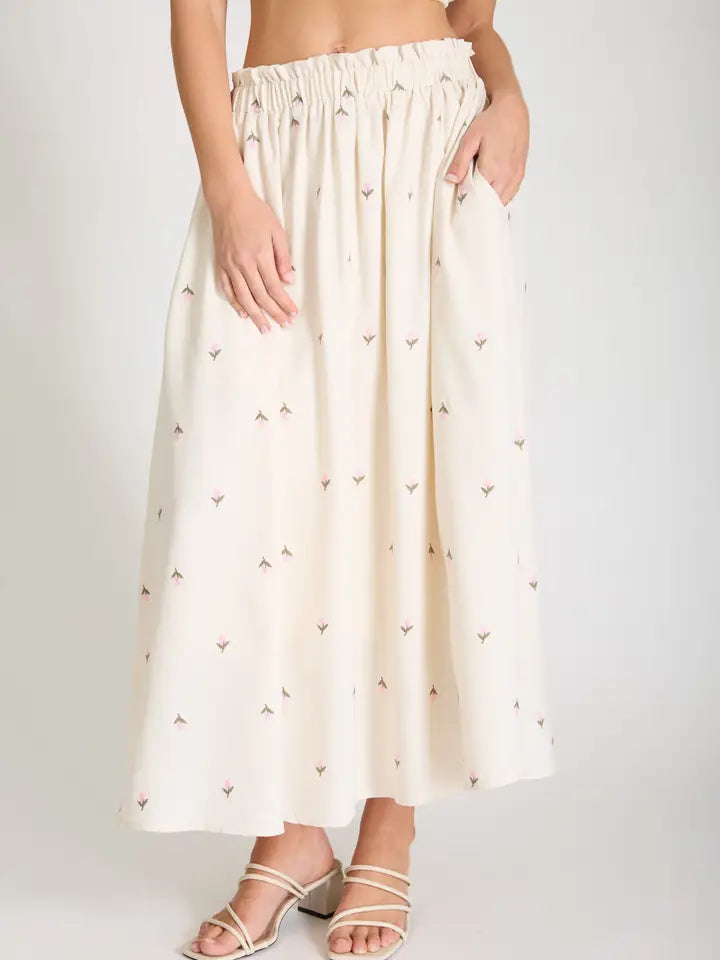 Embroidered Floral Midi Skirt