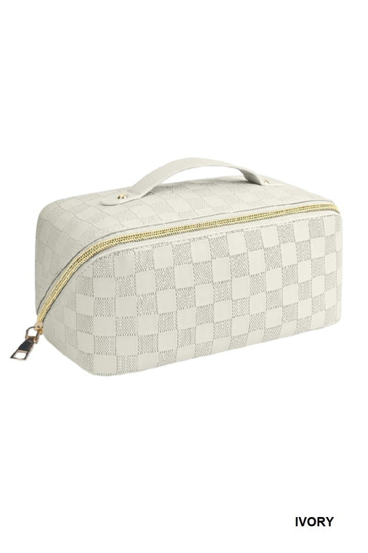 Leather Checkered Makeup Bag -  Ivory