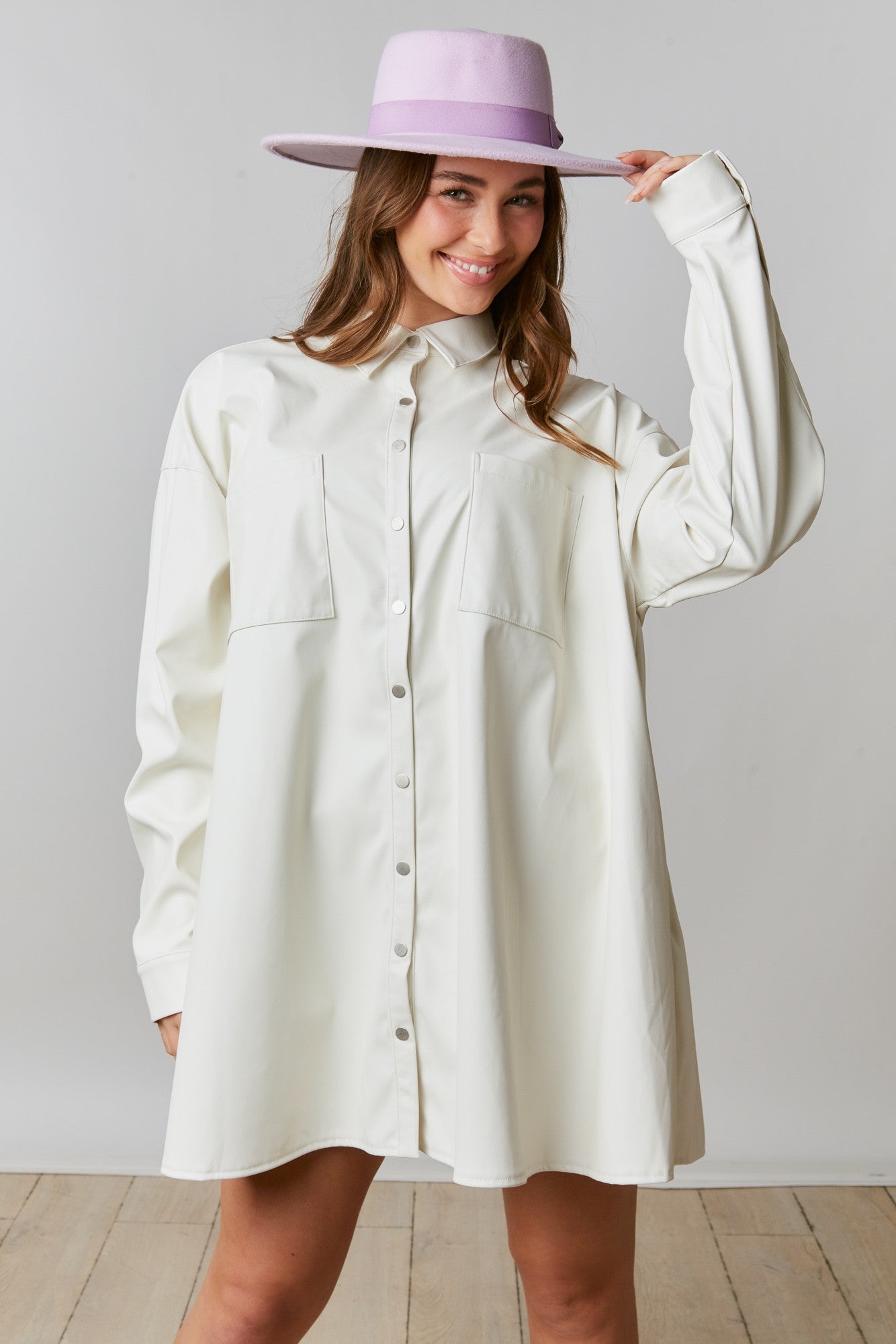 Faux Leather Button Down Dress - Ivory