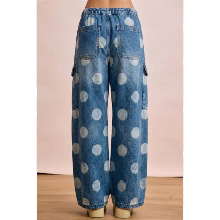 Washed Polka Dot Cargo Barrel Pants