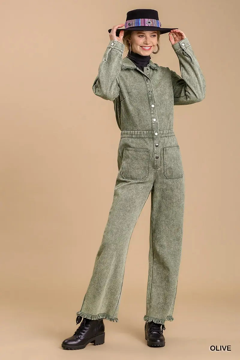 Stone Washed Wide Leg Jumpsuit