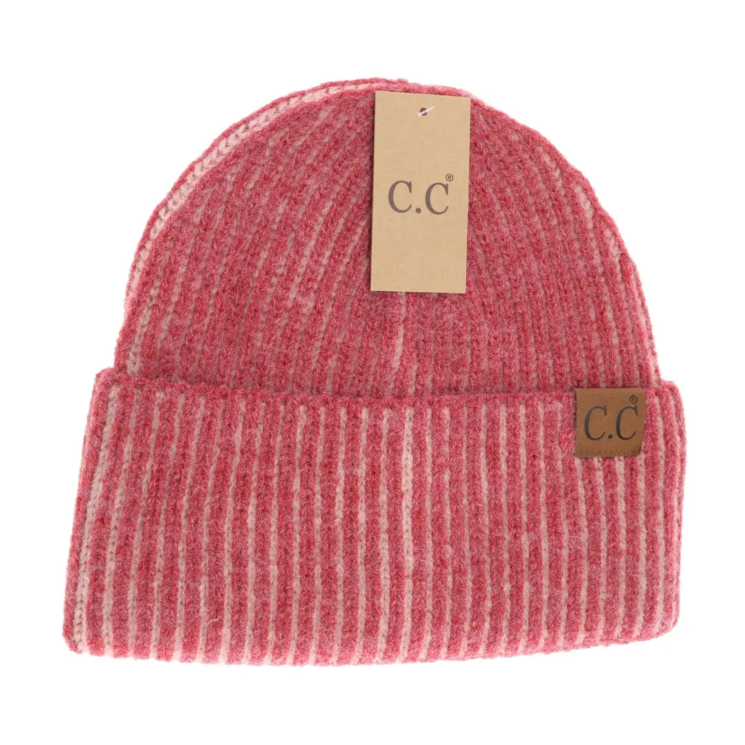 Contrasting Striped Beanie - Mauve