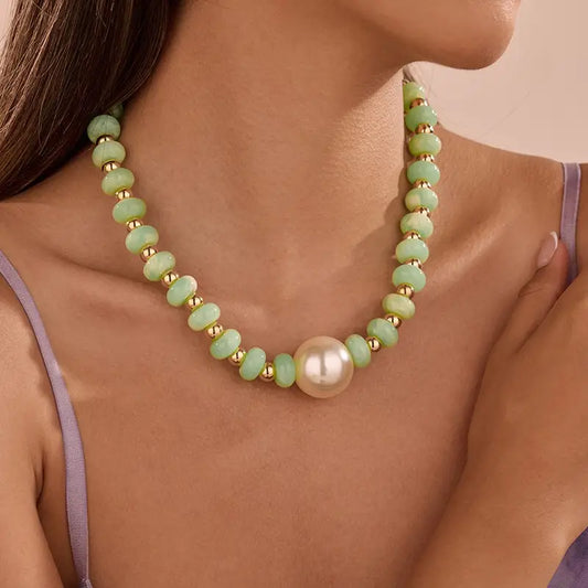 Pearl Pendant Beaded Necklace - Mint