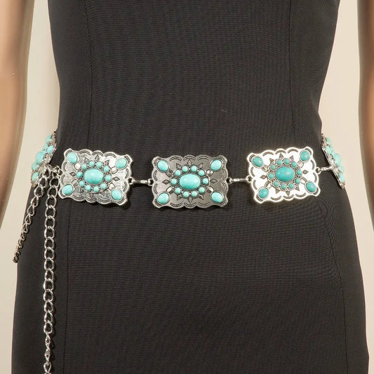 Western Mixed Turquoise Stud Concho Belt - Silver