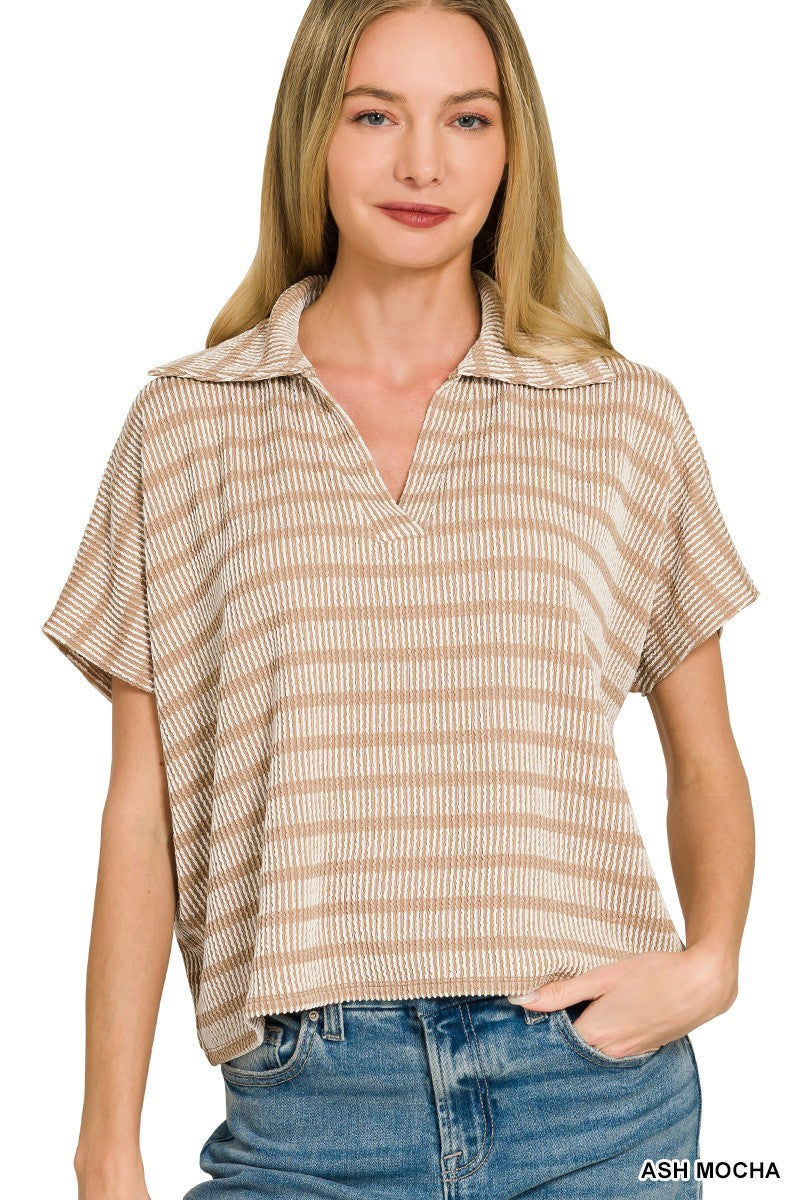 raised rib collared top - mocha