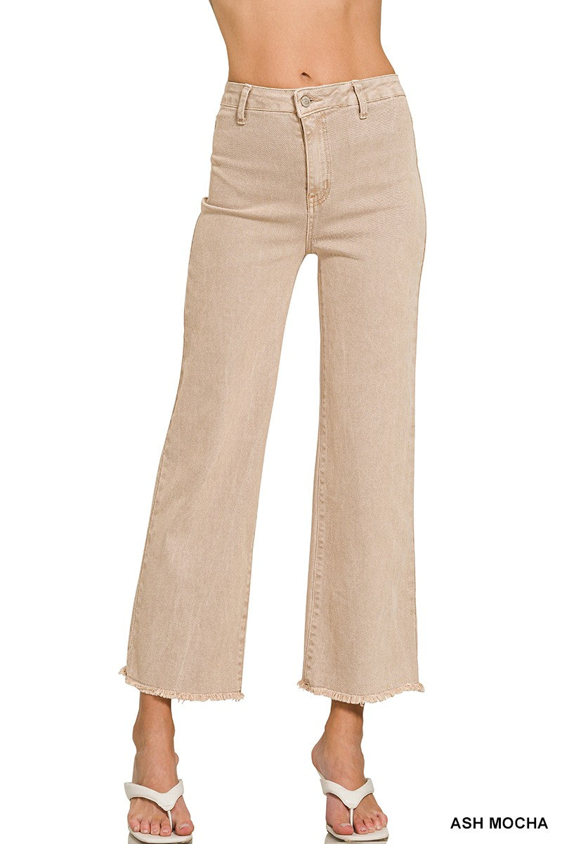 Acid Wash Frayed Hem Straight Pants - Ash Mocha