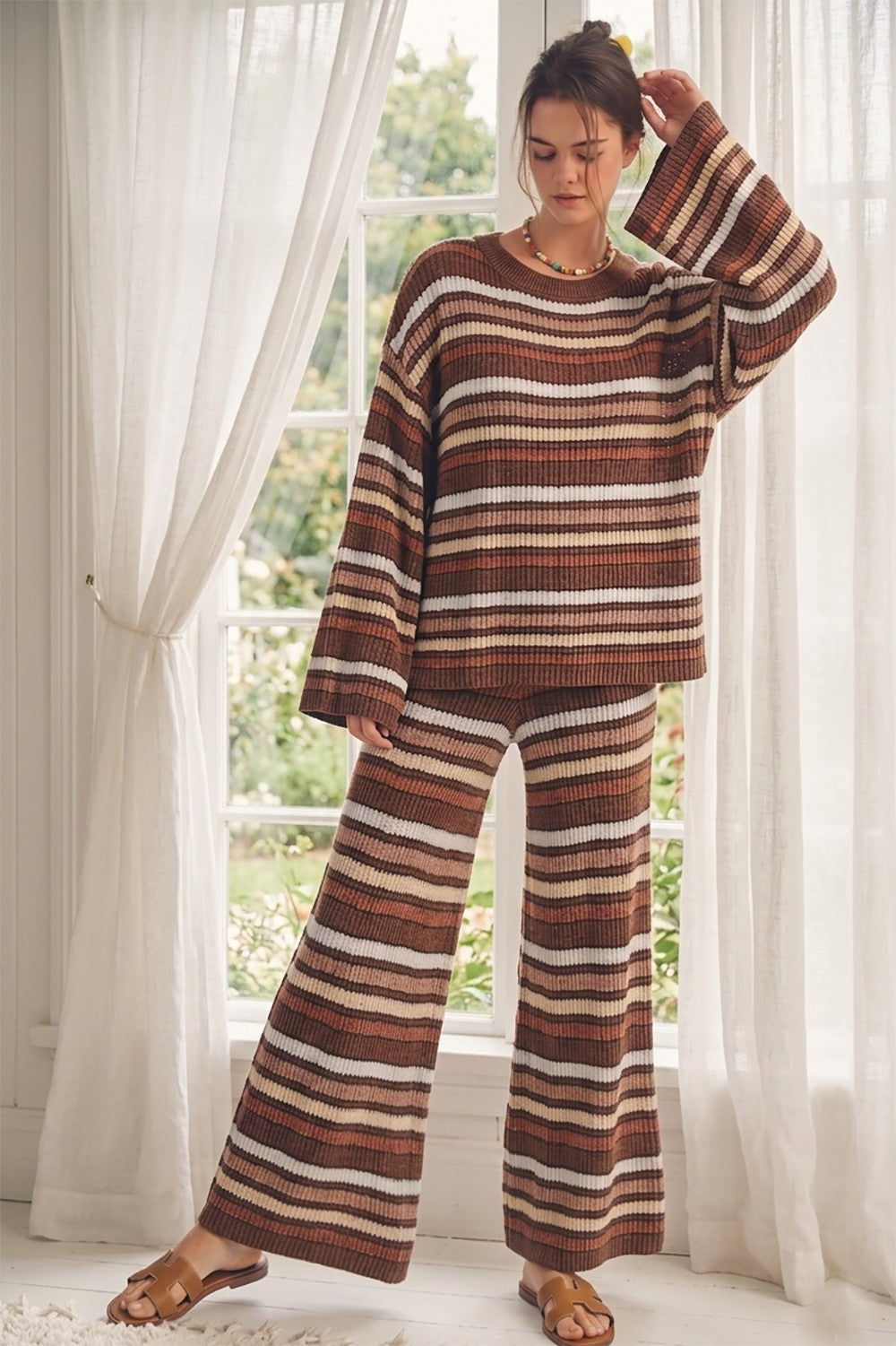 retro striped knit pants - mocha