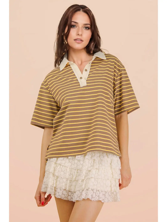 Varsity Team Collared Top - Mocha/Yellow