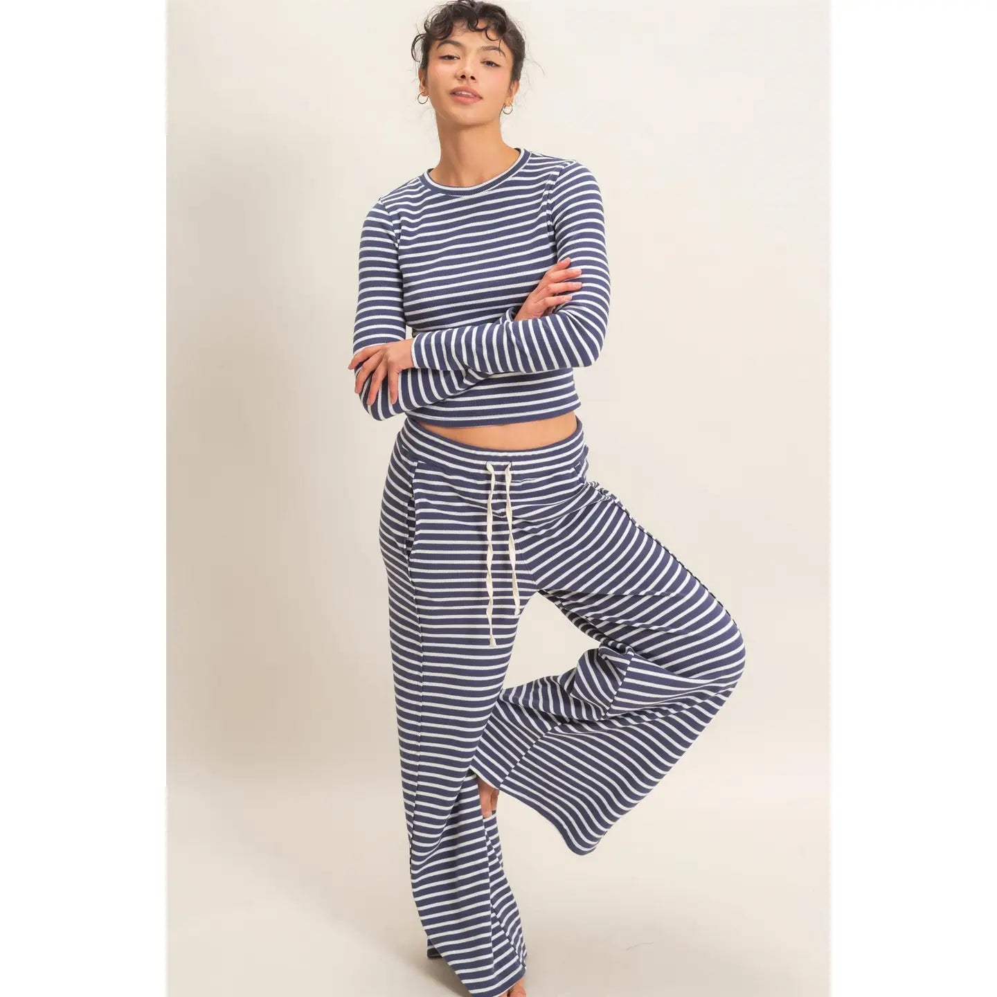 Alice Striped Waffle Top - Navy