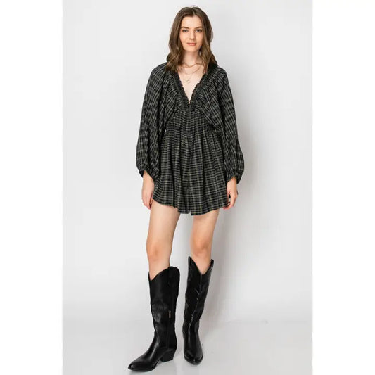Plaid Dreams Romper - Navy