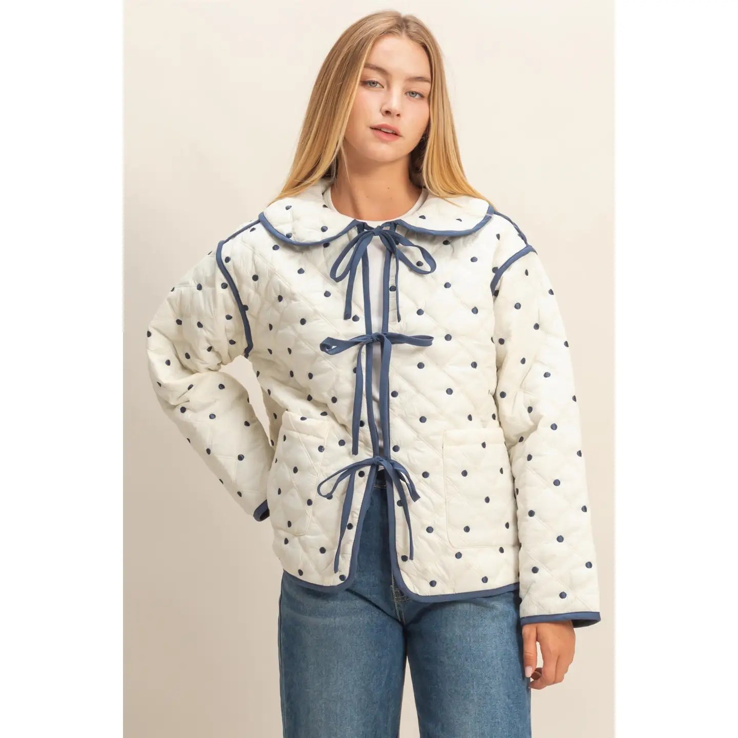 Polka Dot Quilted Front Tie Jacket