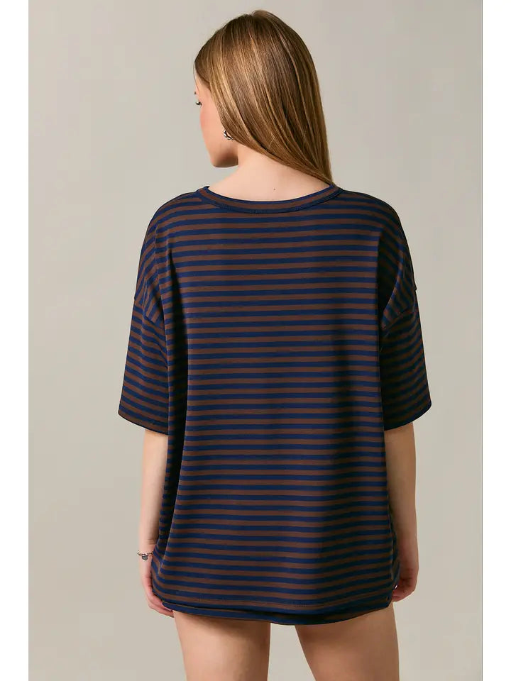 LOOK AT ME STRIPED MID RISE SKORT - BROWN/NAVY STRIPE