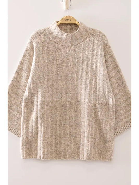 ribbed knit mock neck sweater - oatmeal