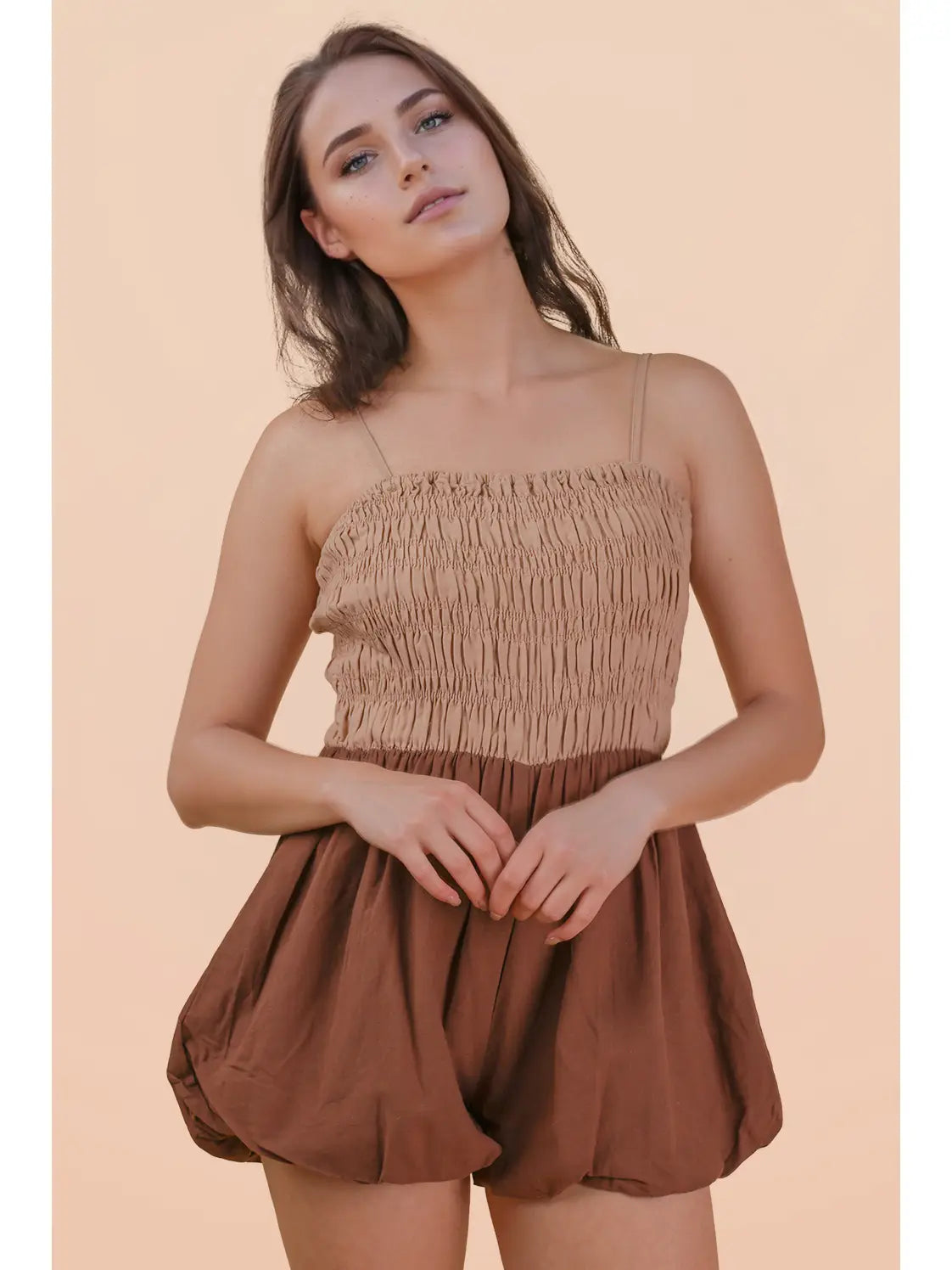 Smocked Bubble Hem Romper - Mocha