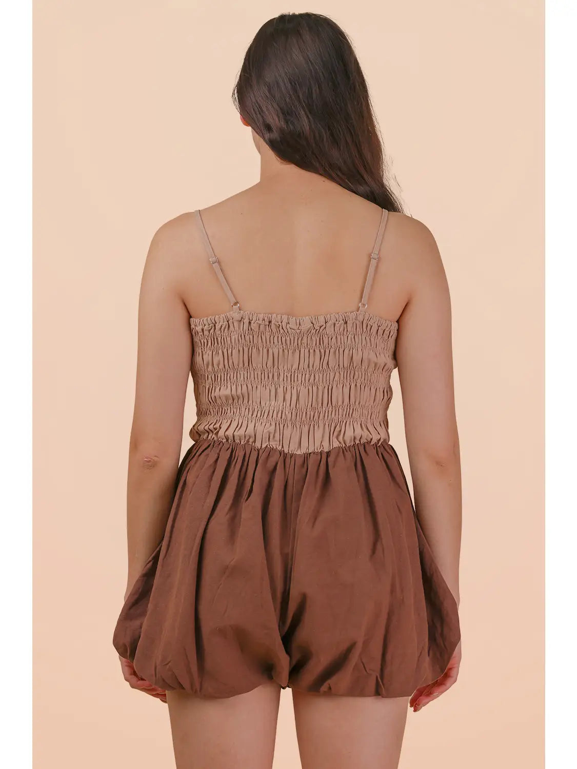 Smocked Bubble Hem Romper - Mocha