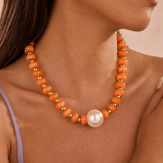 Pearl Pendant Beaded Necklace - Orange