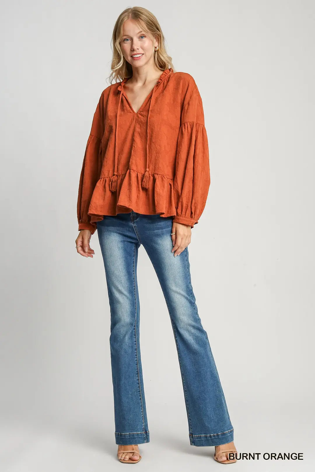 Textured Ruffle Baby Doll Top - Burnt Orange