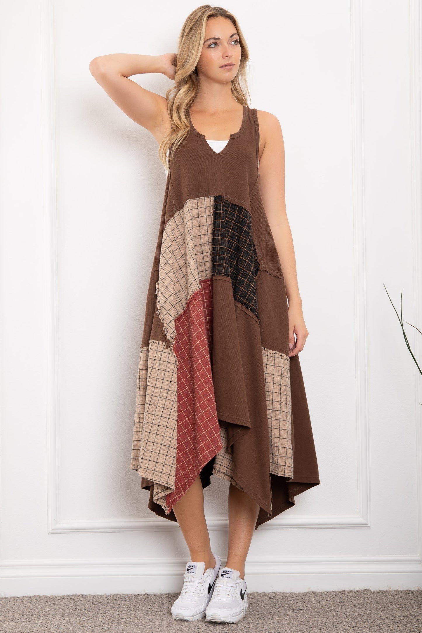Patchwork Racerback Tank Dress - Mocha