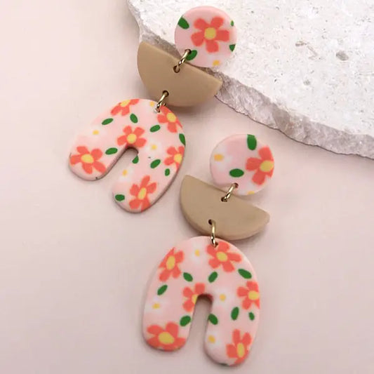 Flower Drop Arch Earrings - Peach