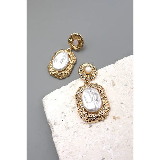 Hammered Pearl Square Earrings
