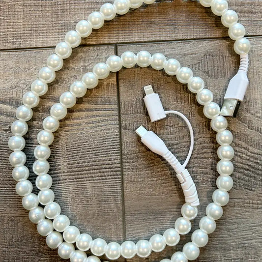 beaded phone charger - white pearl