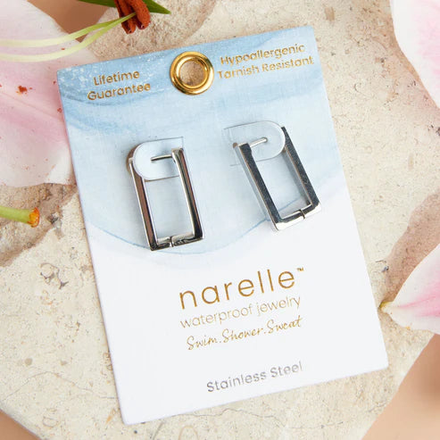Rectangle Pin Drop Earrings - Silver (Waterproof)
