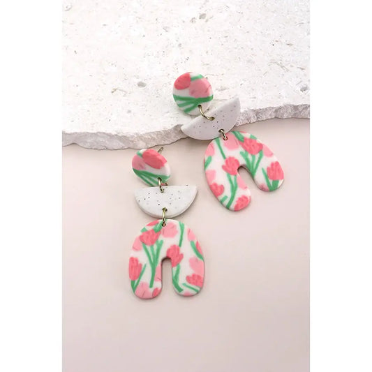 Flower Drop Arch Earrings - Pink