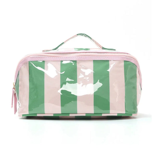 Open Flat Cosmetic Pouch - Pink/ Green Stripe