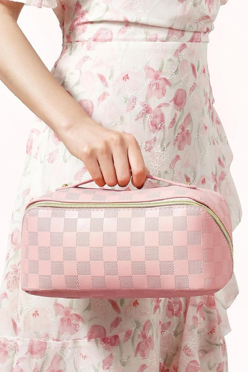 Leather Checkered Makeup Bag - Pink