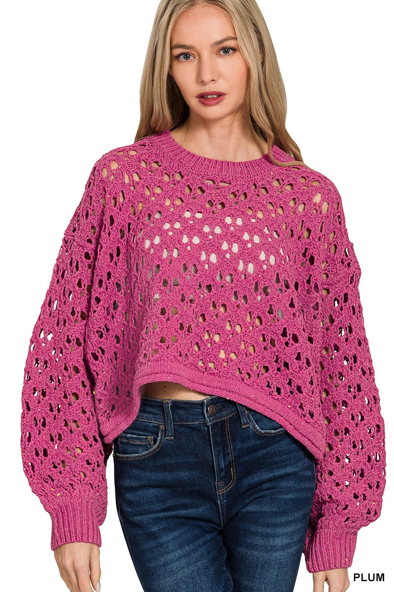 Cropped Crochet Knit Sweater - Plum