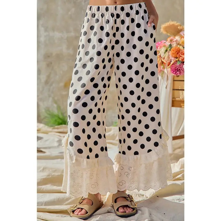 Polka Dot Ruffle Lace Hem Pants