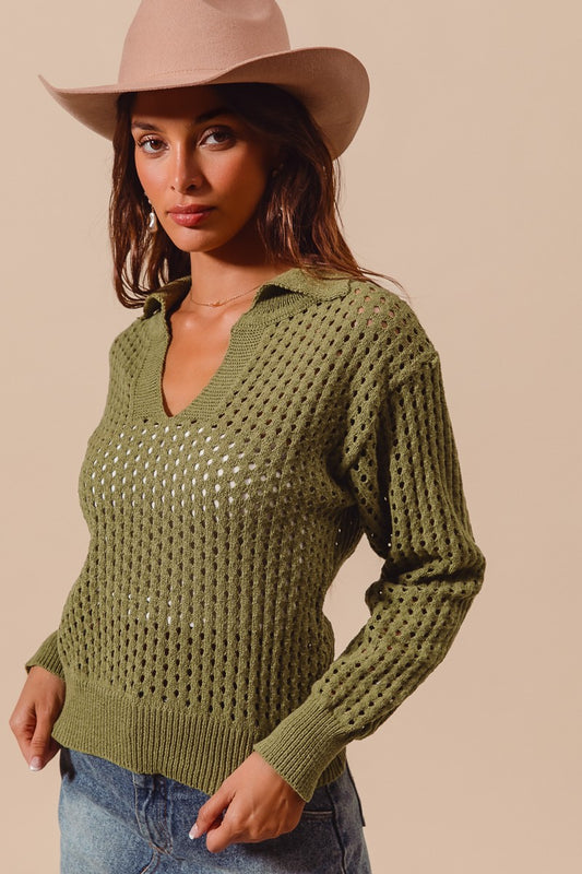 Open Knit Sweater Polo Top