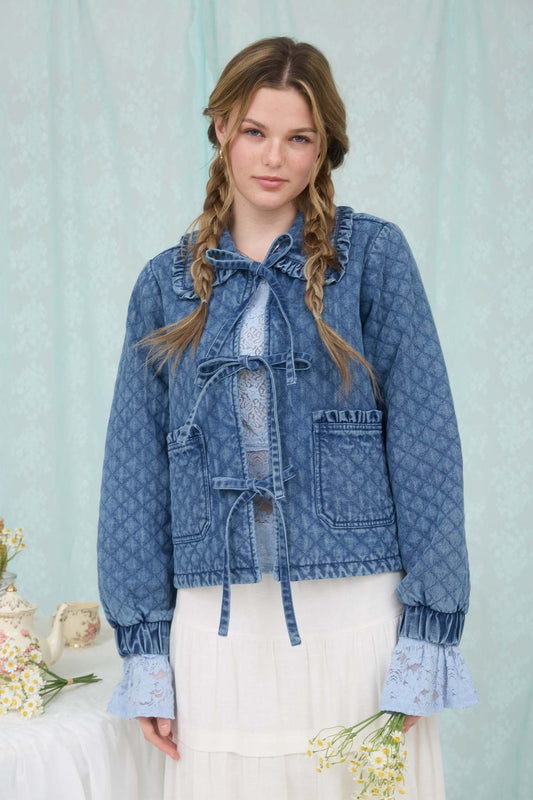 Washed Quilted Denim Front Tie Jacket